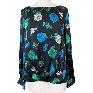 Floral Print Vince Camuto Long Sleeve Fold Over Hem Black/Green/Blue Top NWOT M
